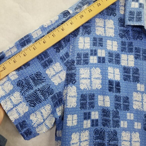 NAT NAST Button Up Shirt Men's XL Silk Blend Blue Square Hawaiian Short Sleeve - Picture 14 of 15